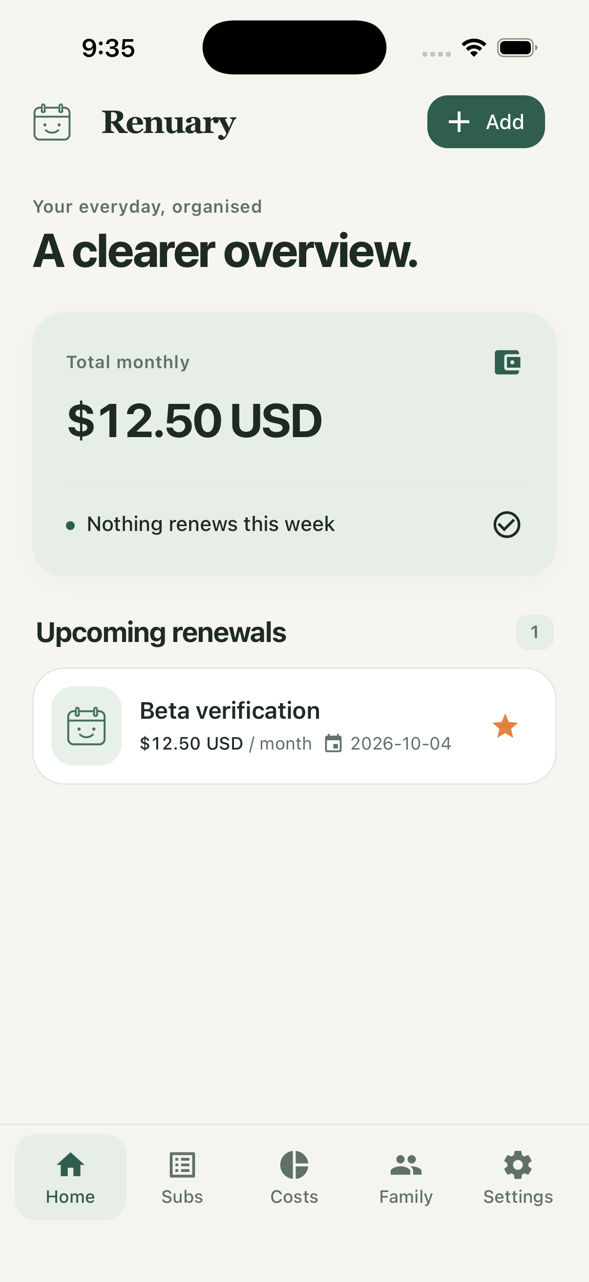 Renuary’s current iOS review build showing a sample renewal, monthly total and Add button in the header